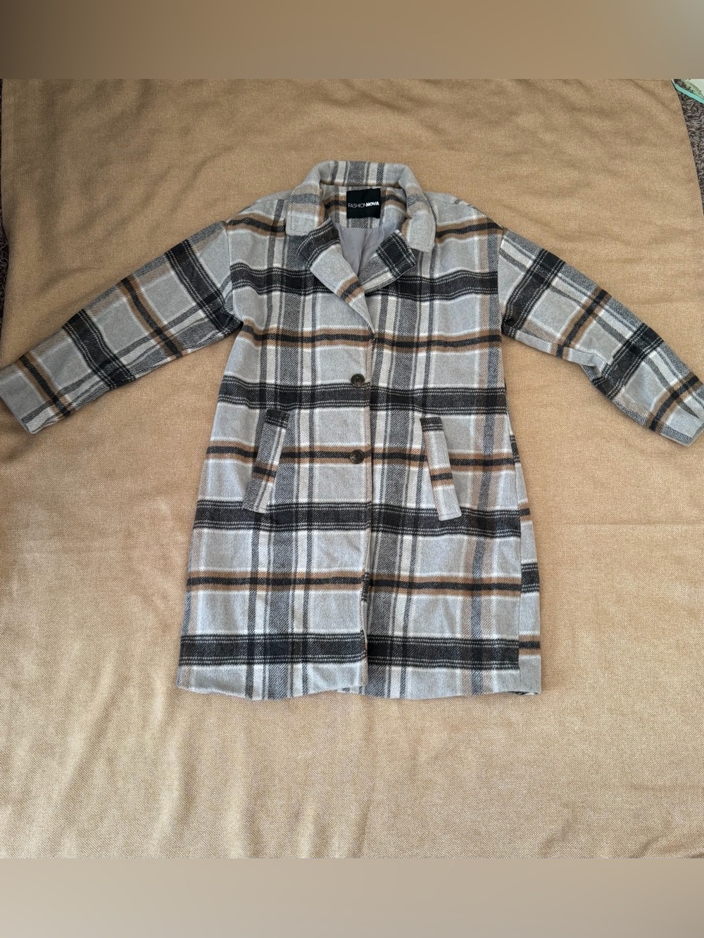 Fashion Nova Gray Plaid Pea Coat with Tan & Black Accents